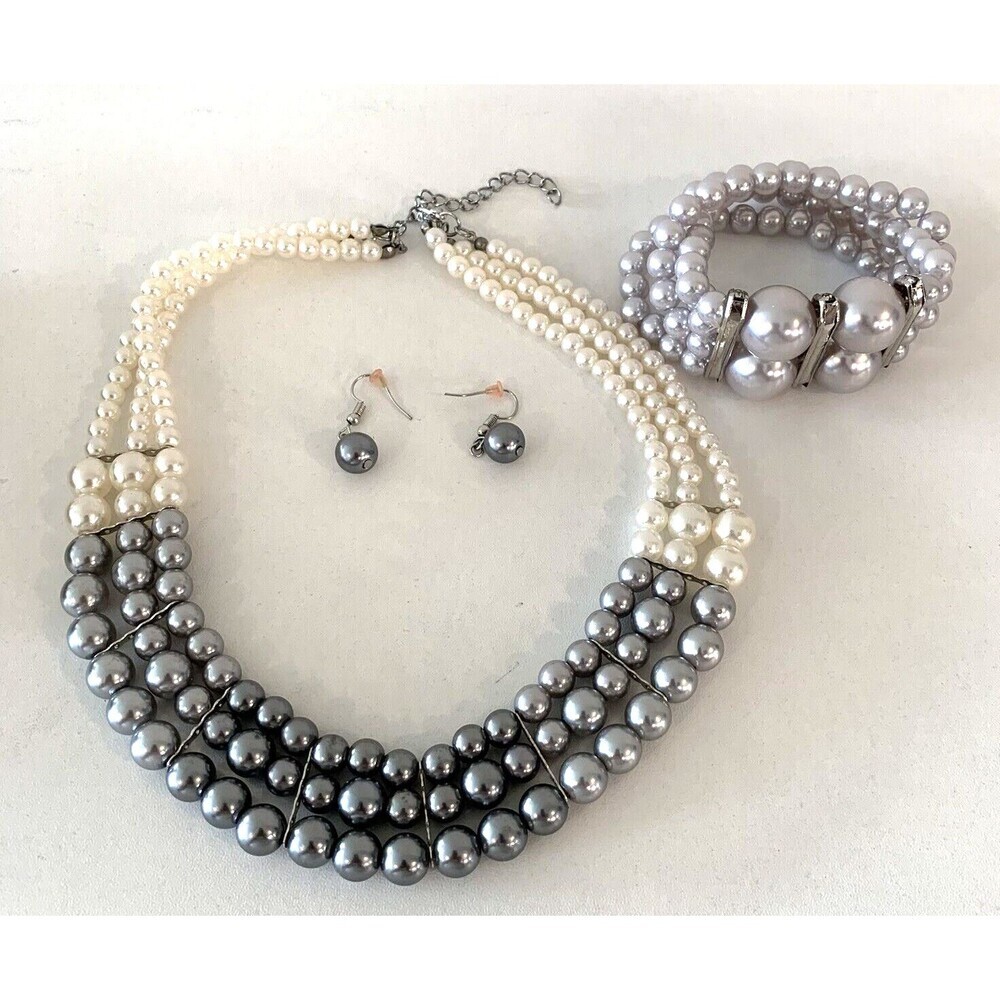 3-Pc Paparazzi Triple Strand Faux Pearl Necklace Earring Bracelet Set Formal